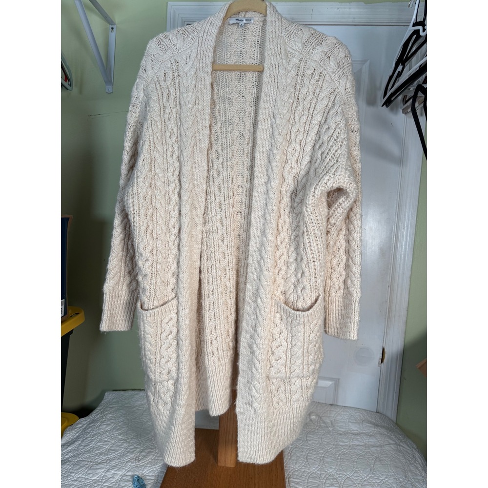 Madewell Cable Knit Open Cardigan Sweater Cream Ivory Wool Blend Medium